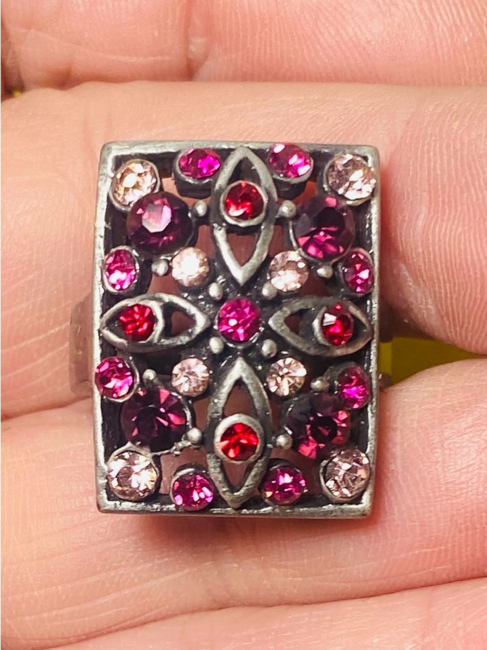 Vintage-Inspired Pink & Red Crystal Rectangle Statement Ring